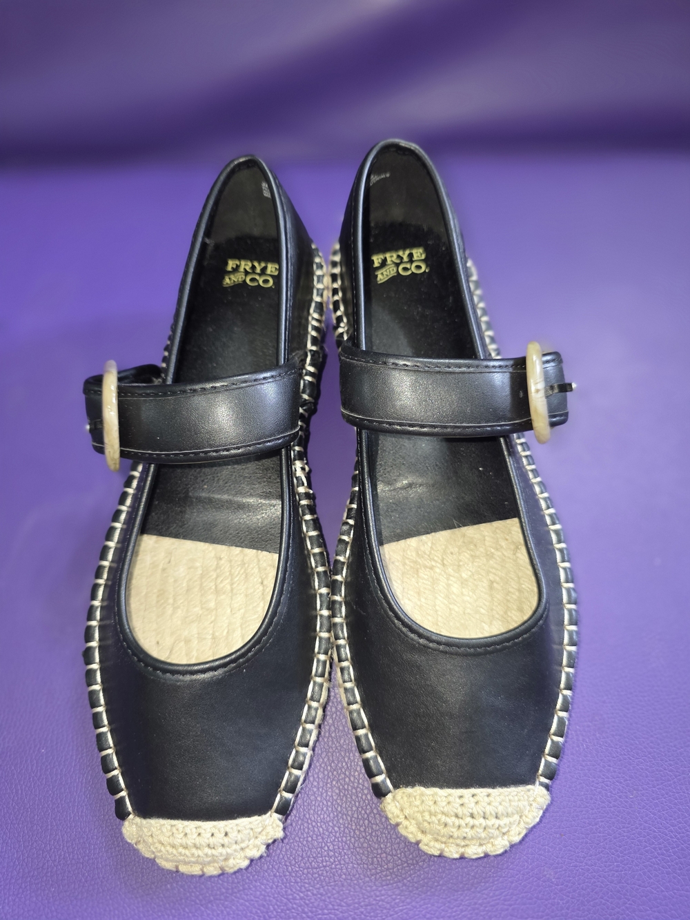 FRYE AND CO. Black Leather Mary Jane Flats with Natural Espadrille Toe